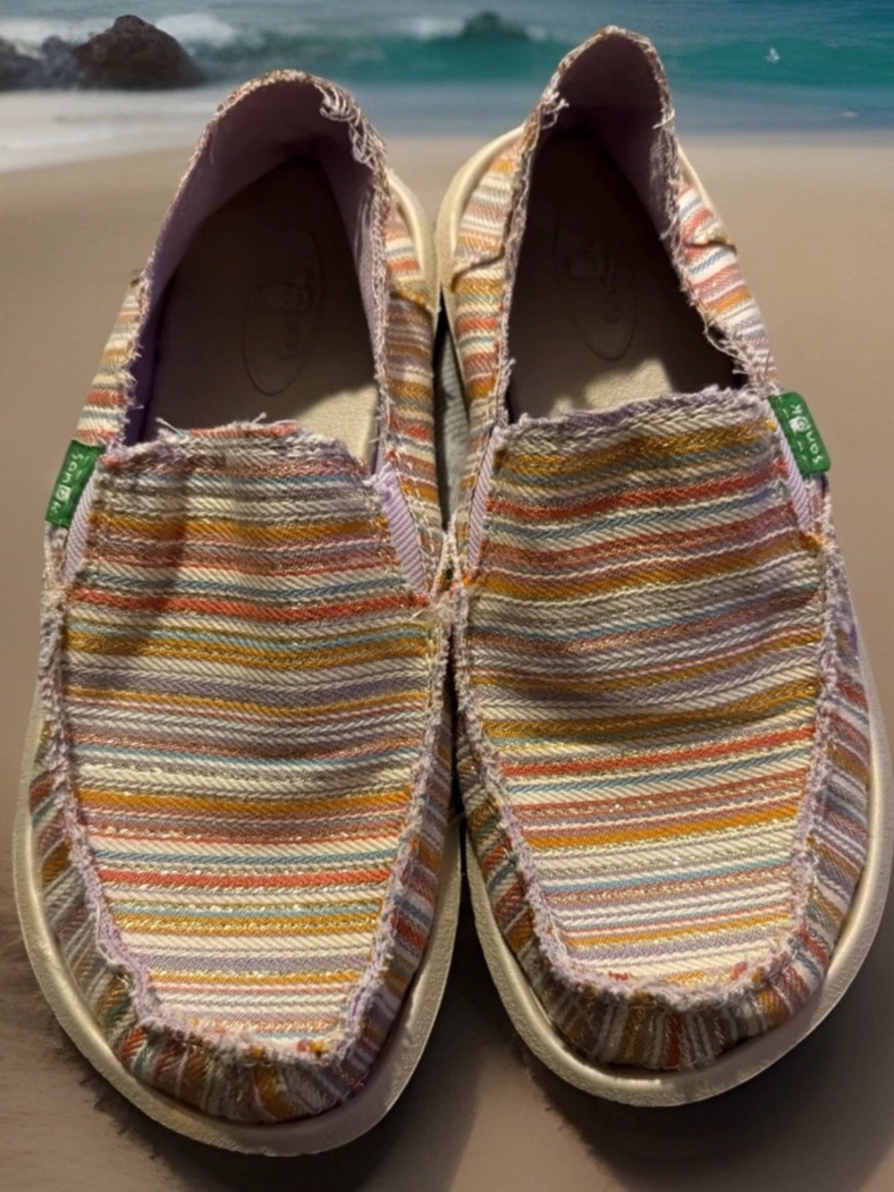 Sanuk Kids Multi-Stripe Slip-On Sneakers in Pastel Mix Girls Size 2
